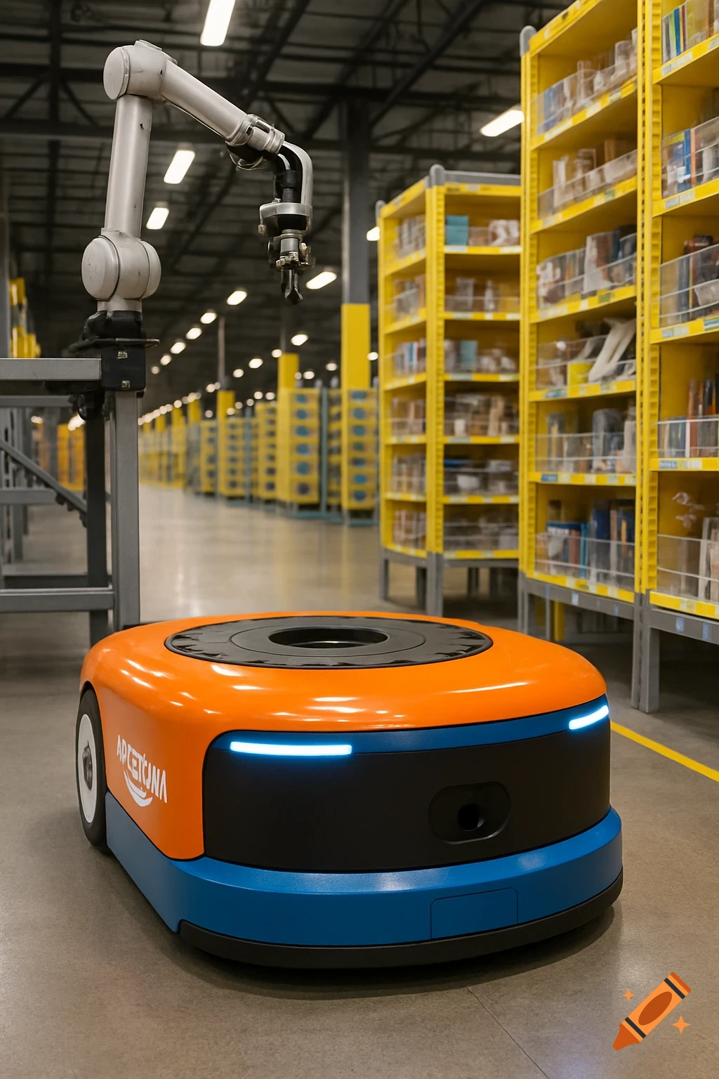 An orange and blue robotic vehicle sits on the floor of a warehouse with yellow shelves and a robotic arm.