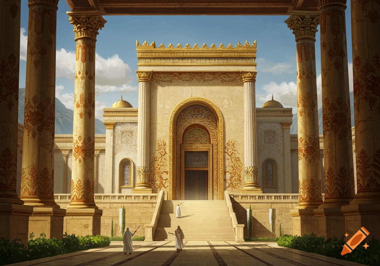 A grand ancient temple with large decorative pillars, wide stairs, and robed figures.