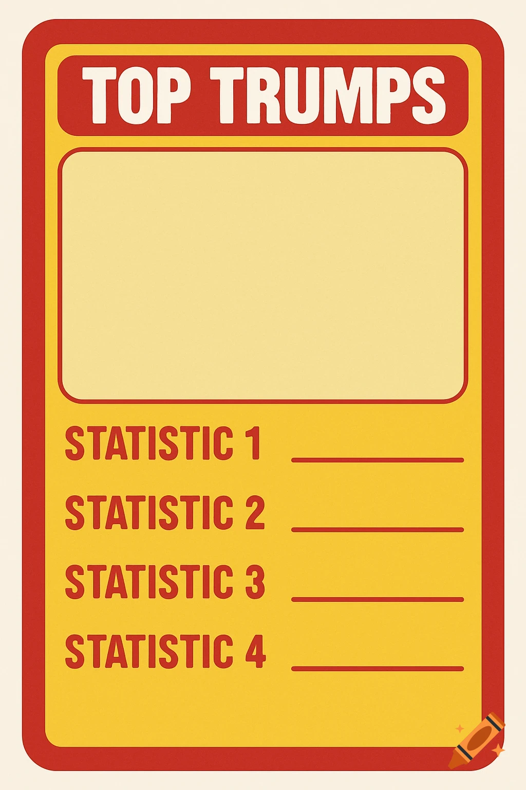 A template card resembling a Top Trumps card, with a title area, image placeholder, and labeled statistic lines.