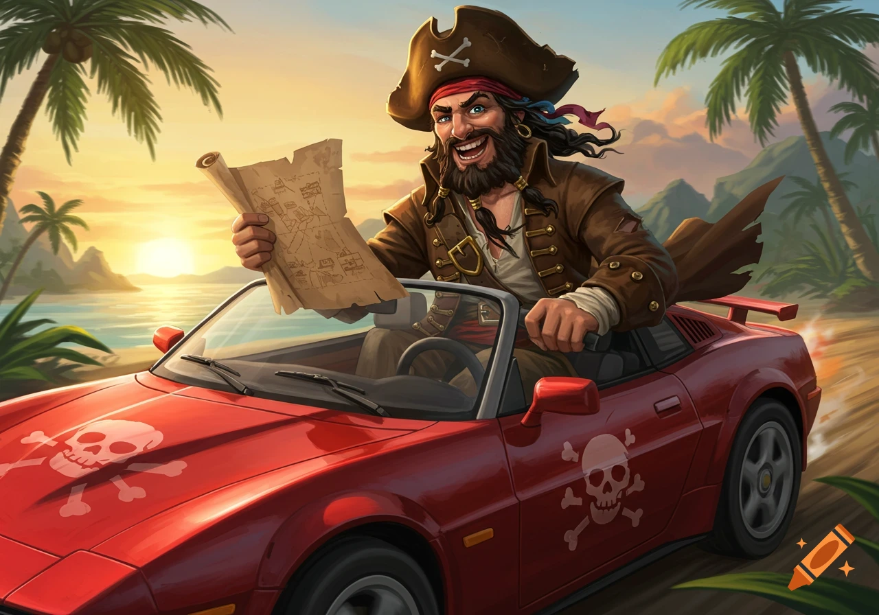 Cartoon illustration of a pirate in a red sports car holding a treasure map on a tropical beach at sunset.