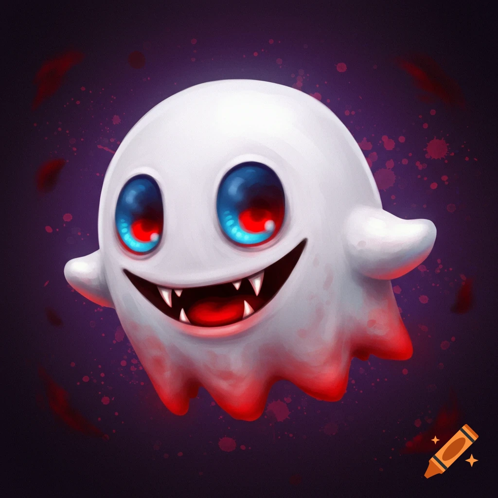 Cute white cartoon ghost with fangs and blood splatters