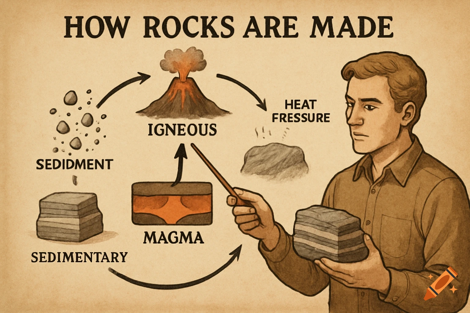 Diagram shows how rocks are made, depicting sedimentary rock turning into sediment, then igneous rock from magma due to heat and pressure. A person points at the diagram while holding a sedimentary rock.