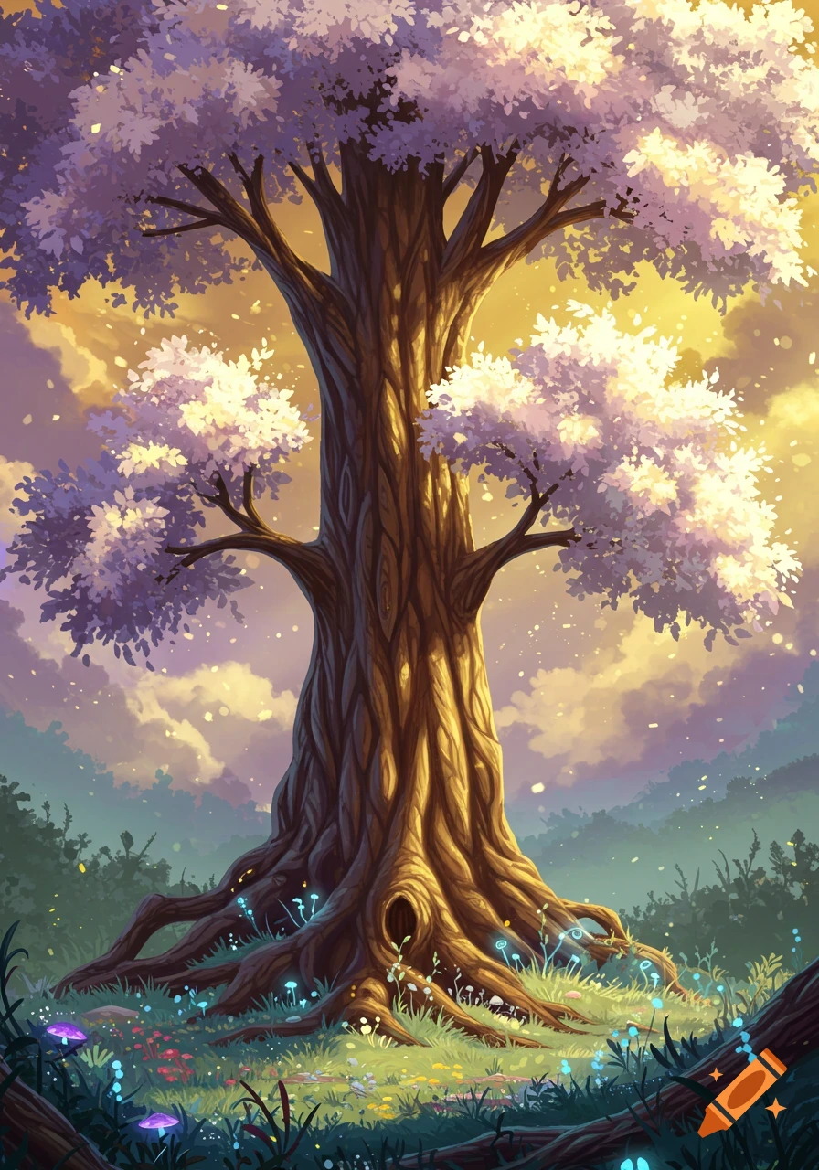 A large fantasy tree with white and purple foliage stands in a glowing forest clearing with mushrooms under a sunny sky.