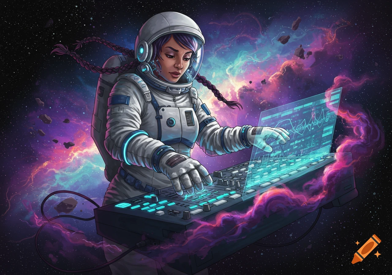 An astronaut with braids in space mixes music on a futuristic holographic mixing board amidst a nebula.