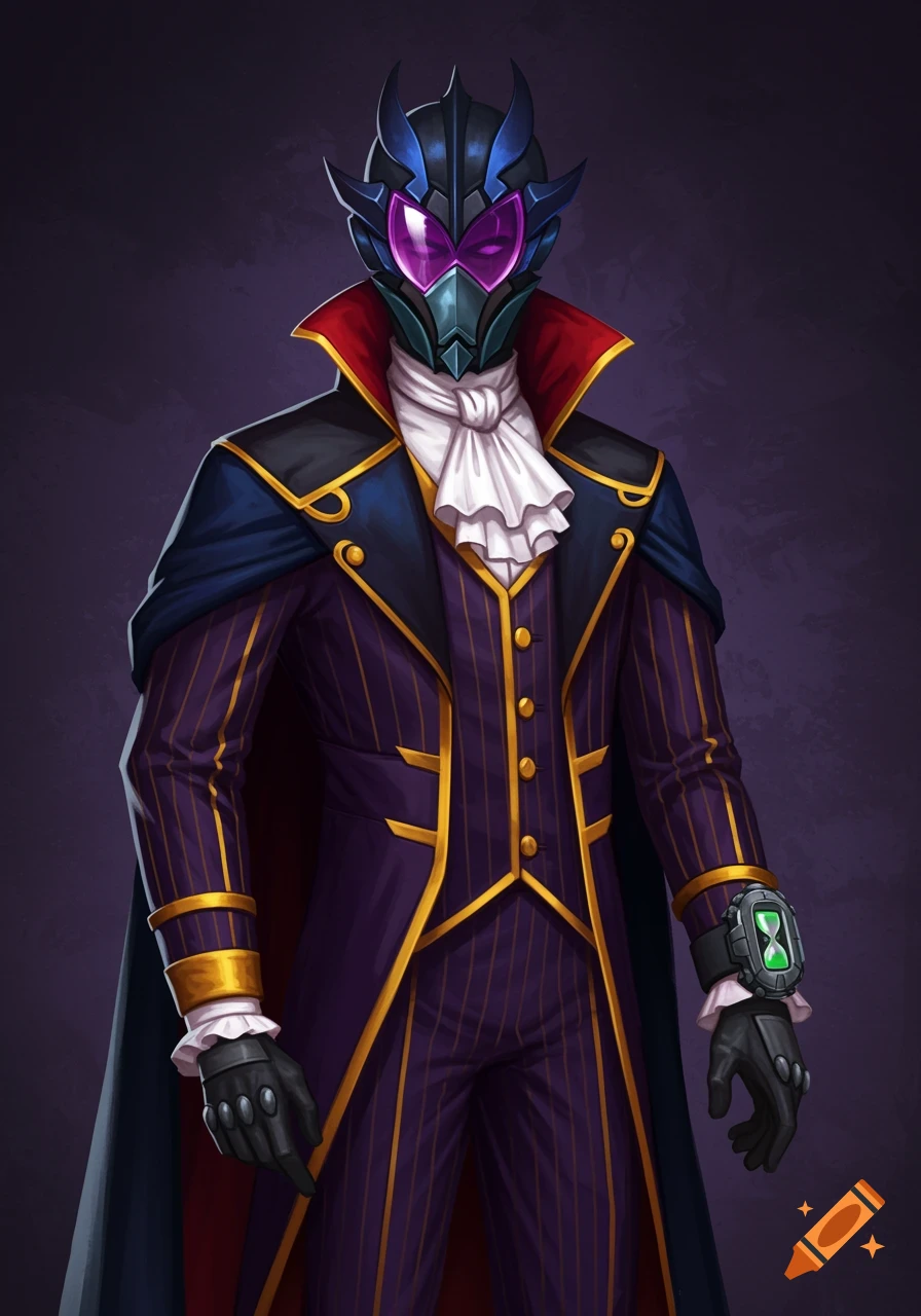 Illustration of a character in a dark purple pinstripe suit, cape, black helmet with purple visor, and watch.
