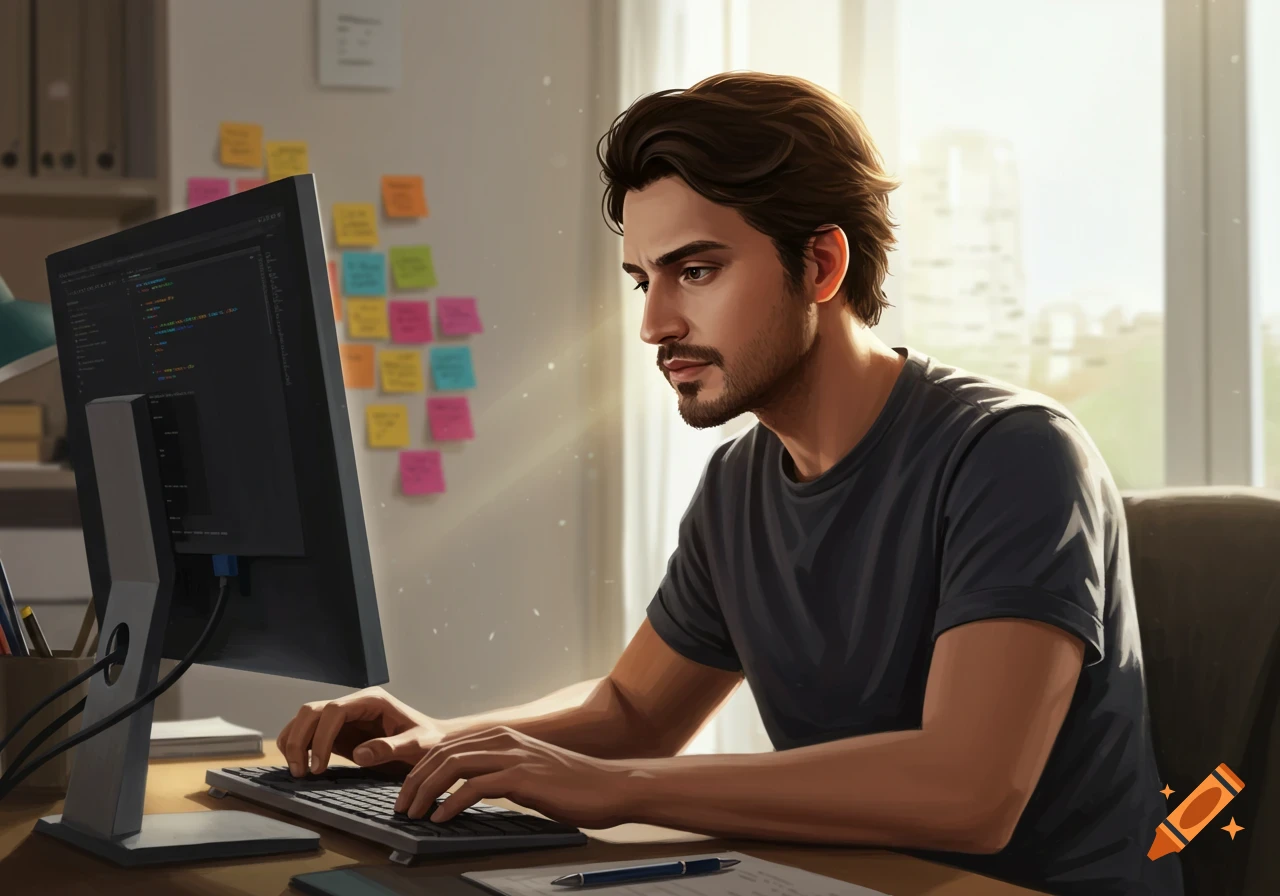A man programs on a computer in a sunlit office.