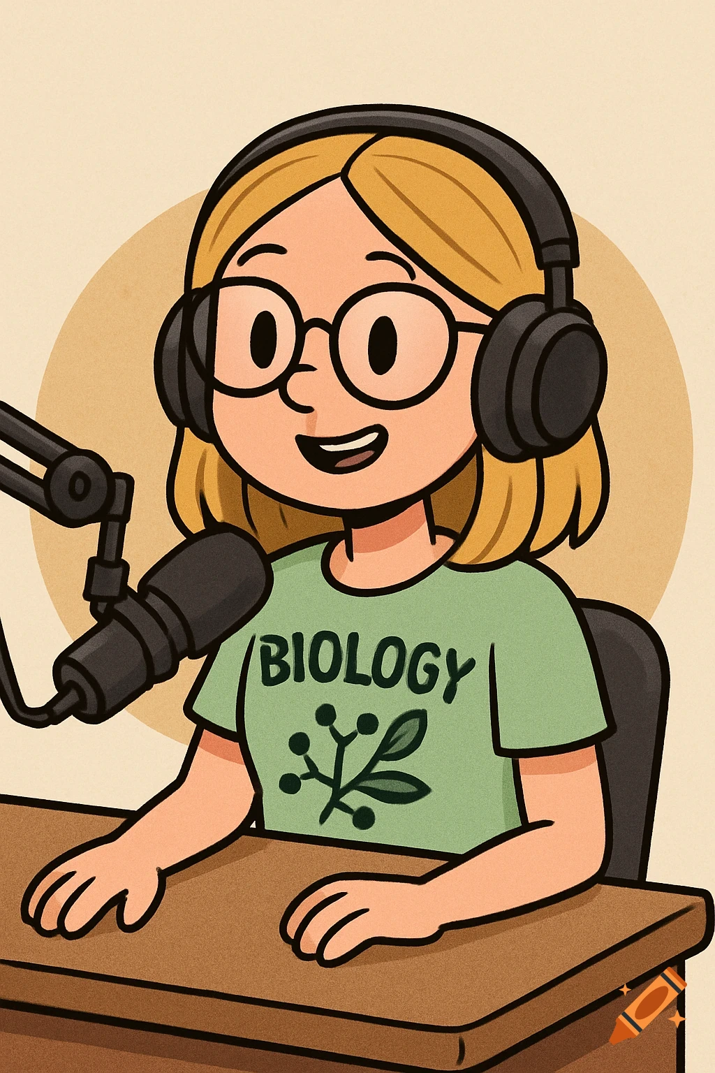 Cartoon girl wearing glasses and biology shirt sitting at a desk with a microphone for a podcast.
