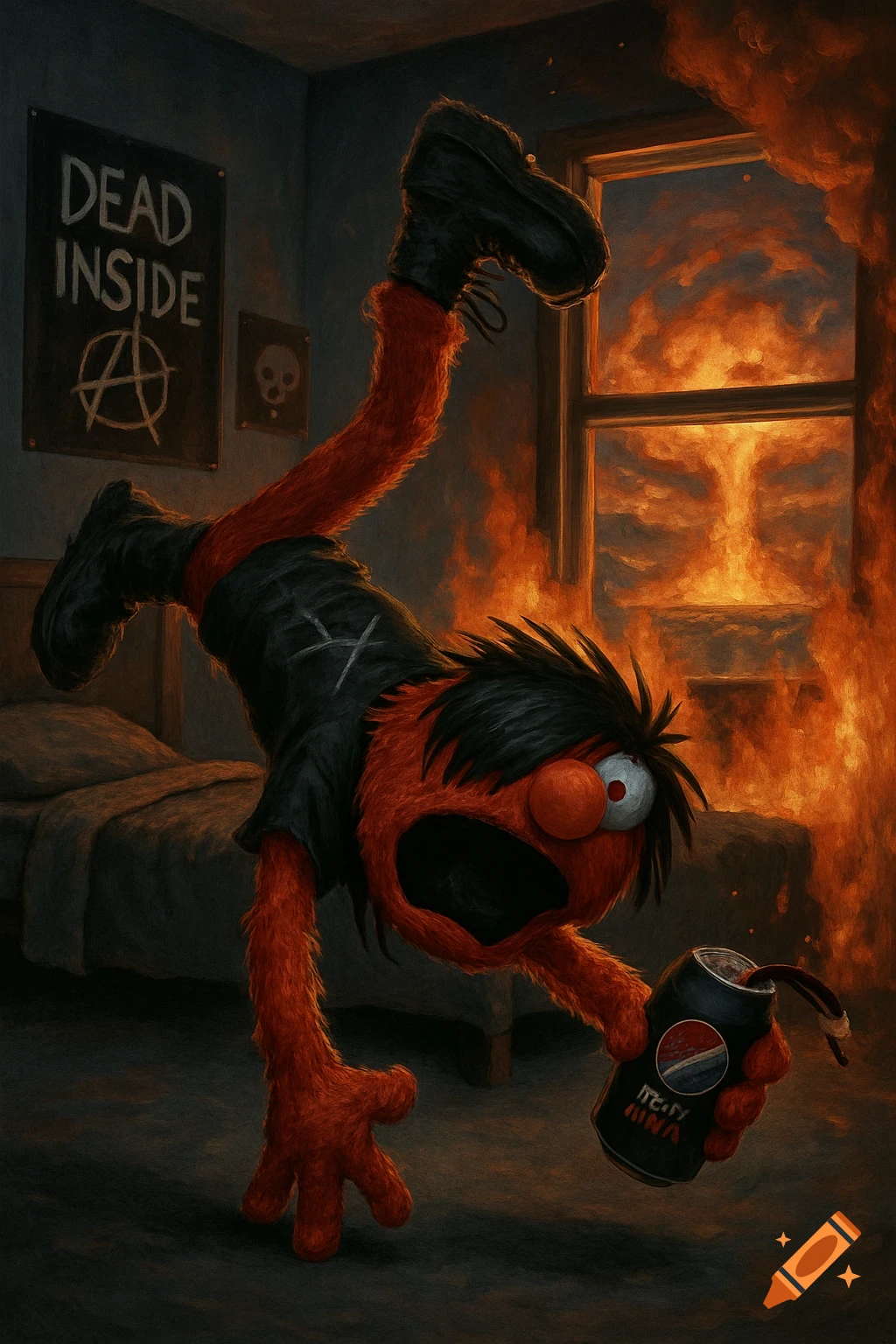 Muppet-like emo character backflipping in a burning bedroom while holding a Pepsi and screaming. Painterly style.