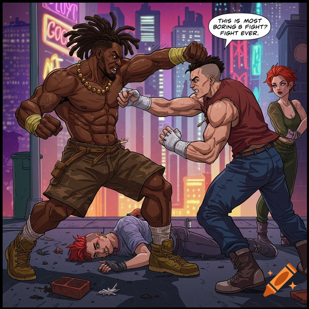 Two men fight on a city street at night in comic book style, while another person watches. A defeated person lies on the ground.