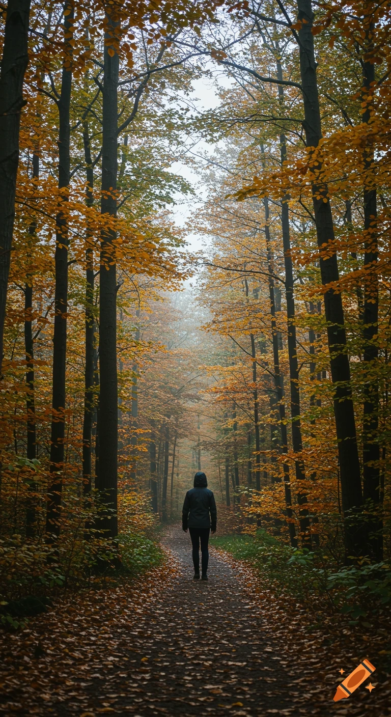 A person walks down a leaf-covered path through an autumn forest with tall trees and orange leaves.