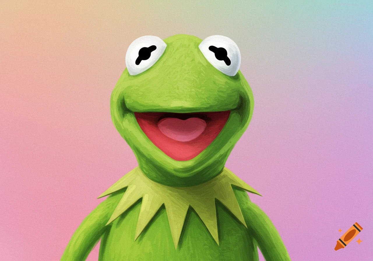 Close-up illustration of Kermit the Frog smiling brightly.