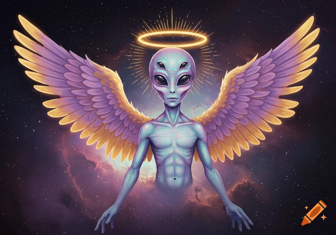 An alien with three eyes, purple and gold angel wings, and a halo floats in space among nebulas.
