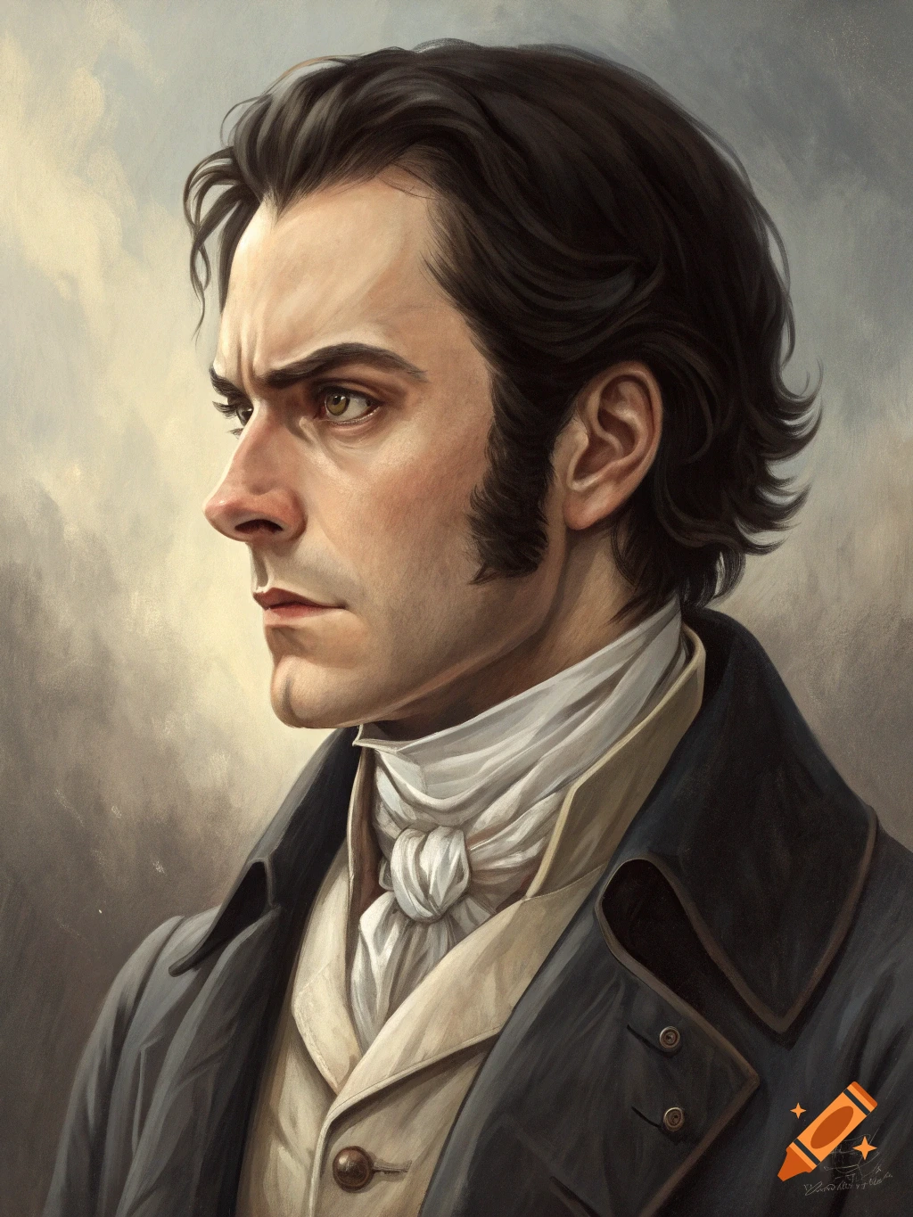 Realistic profile portrait of a man in historical attire with dark hair.