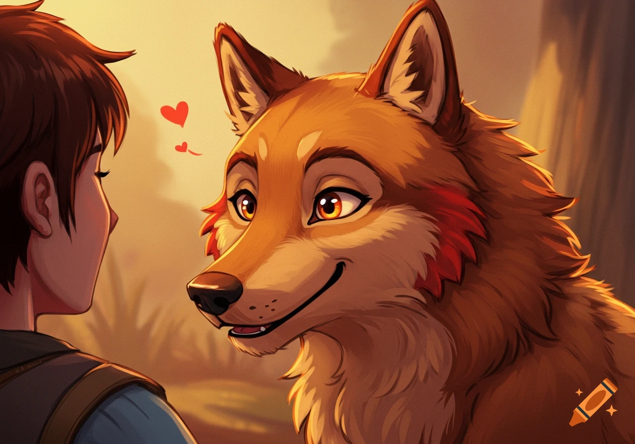 Anime illustration of a boy and an anthropomorphic wolf looking at each other with hearts.