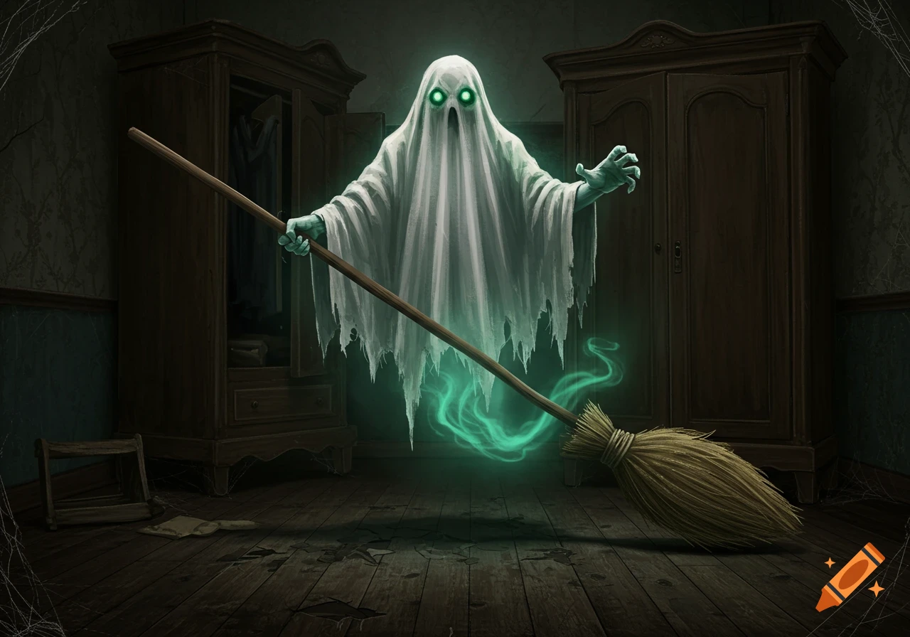 A spooky ghost with glowing green eyes floats in a dark, dusty room, holding a broom.