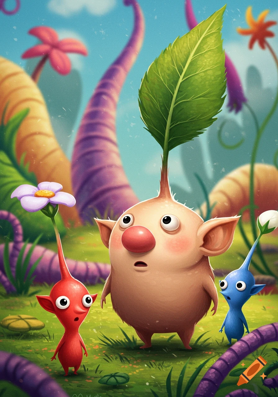 Three Pikmin characters in a whimsical Dr. Seuss style landscape.