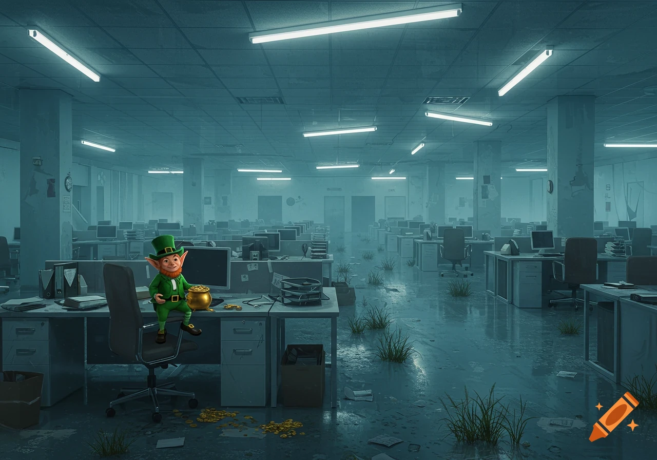A leprechaun sits on a chair at a desk in a large, abandoned office with gold coins scattered on the floor.