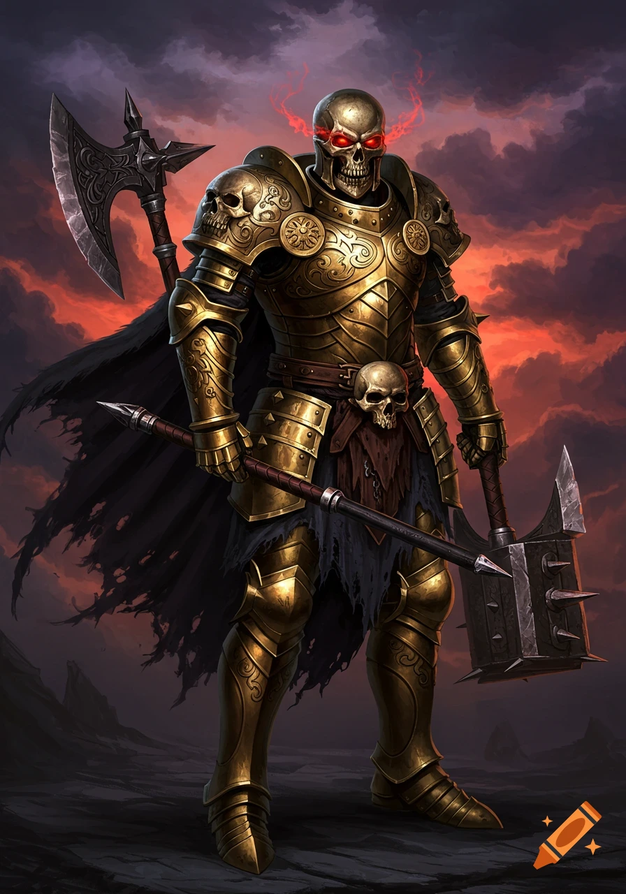 Skeletal warrior in golden armor and tattered cape, holding a great axe and war hammer in a desolate landscape under a red sky.
