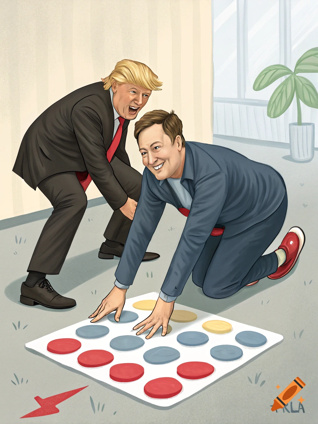 Illustration of Donald Trump and Elon Musk playing Twister