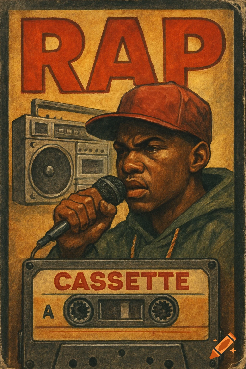 Illustration of a rapper with a mic, boombox, and cassette tape labelled RAP and CASSETTE.