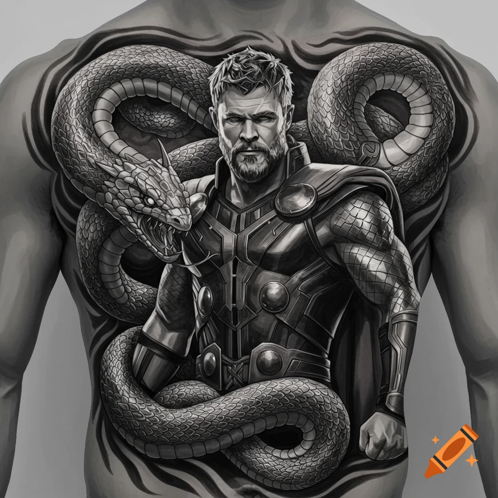 Black and white chest tattoo of Thor fighting a large snake.