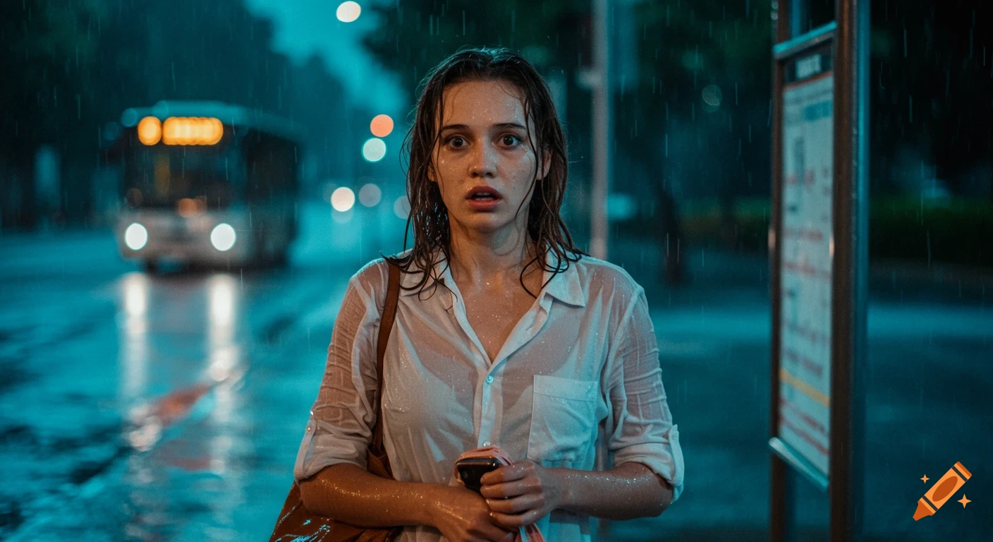 Young woman looking surprised at a bus stop in the rain with a wet shirt. Blurry bus in background. Photorealistic photo.