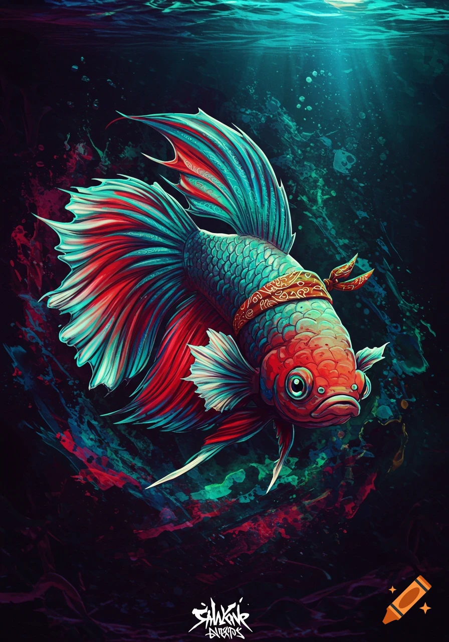 A stylized red and teal Betta fish wearing a bandana swims in dark water, illustration.