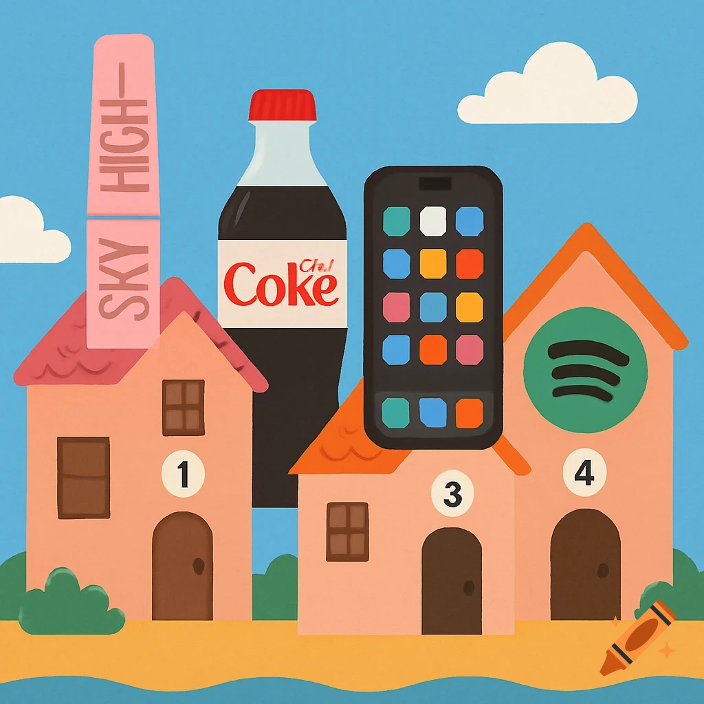 Illustration of stylized houses representing brands like Coke, Spotify, and Sky High mascara, with an iPhone.