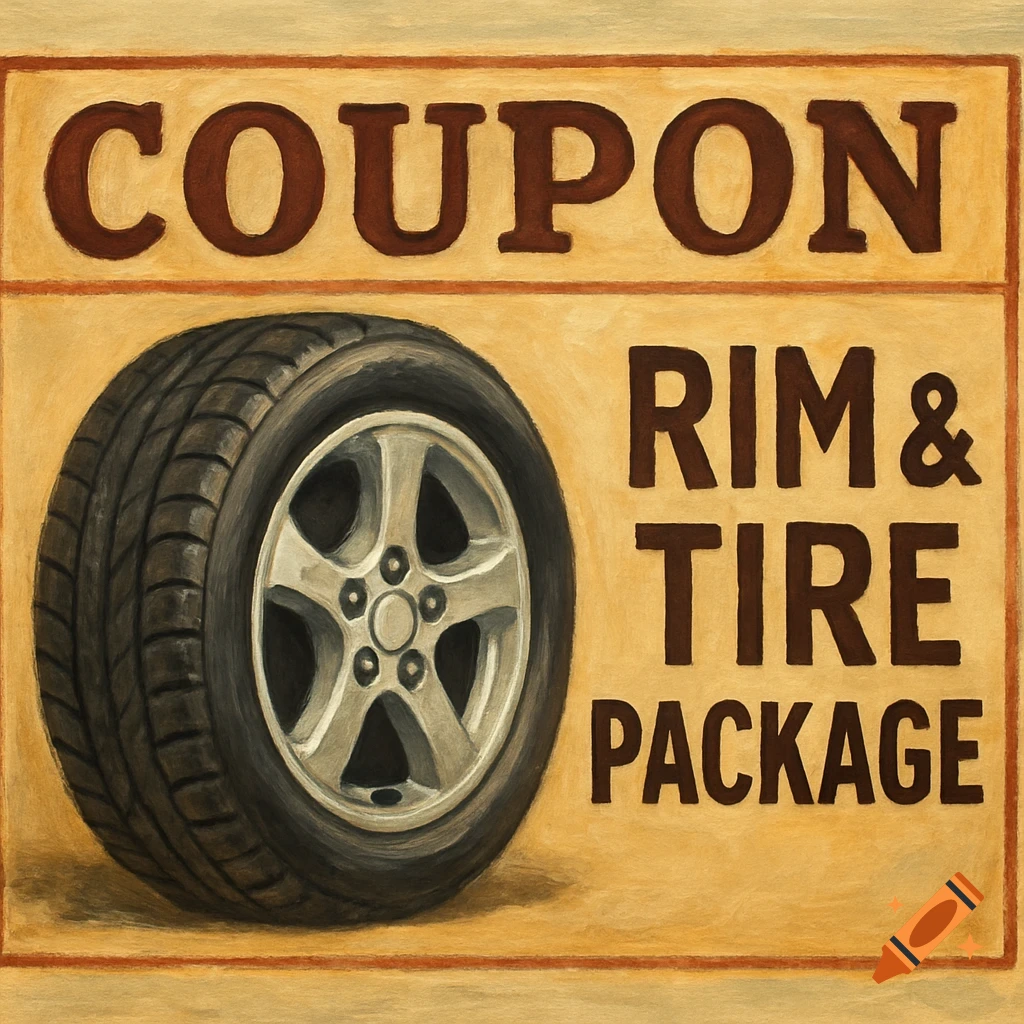 A painting of a coupon for a rim and tire package, showing a tire and text on a tan background.