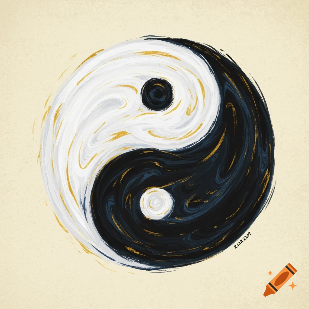 A stylized yin yang symbol in swirling black, white, and gold brushstrokes on a beige background.