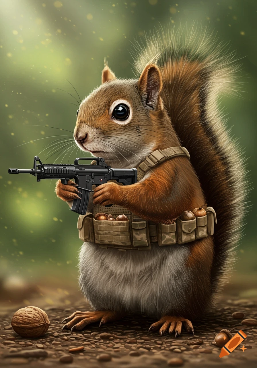 A squirrel in tactical gear holding a rifle, standing in a forest.