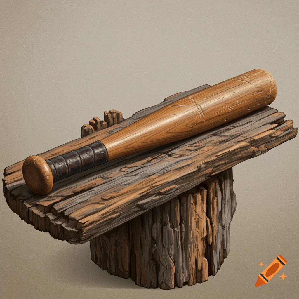 A wooden baseball bat rests on a piece of weathered wood supported by a stump.