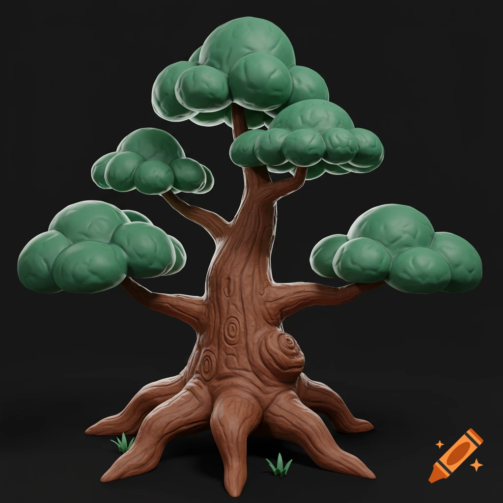 A cartoon-style 3D model of a stylized tree with blob leaves and large roots on a black background.