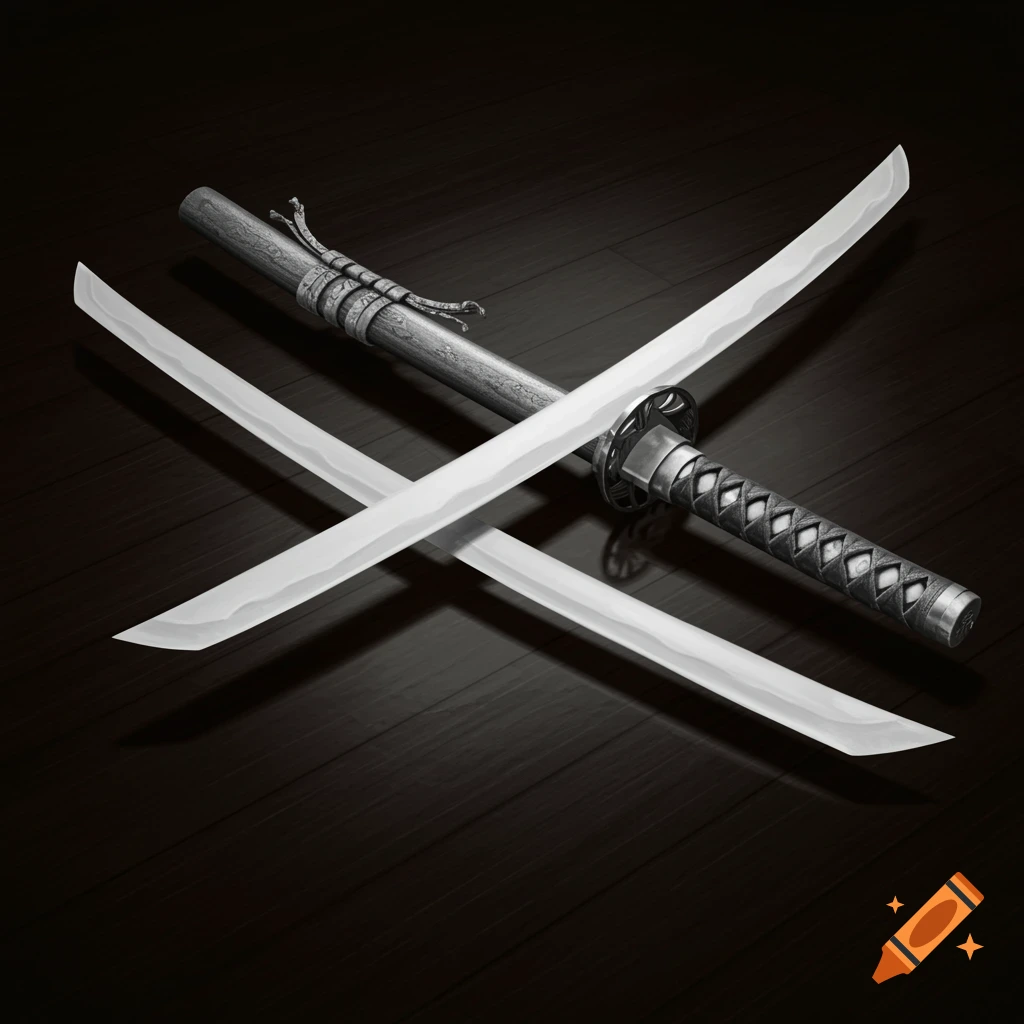 Two white katanas crossed on a dark wood floor.
