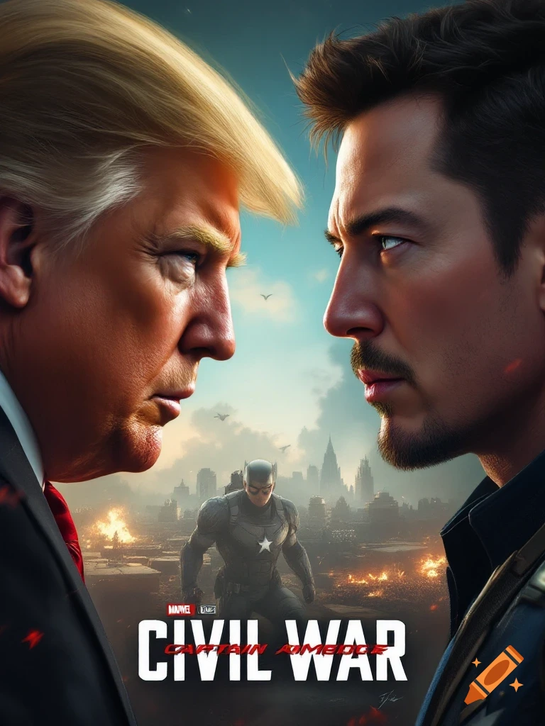 Movie poster parody showing Trump and Musk facing off like Captain America: Civil War, with Captain America in background.