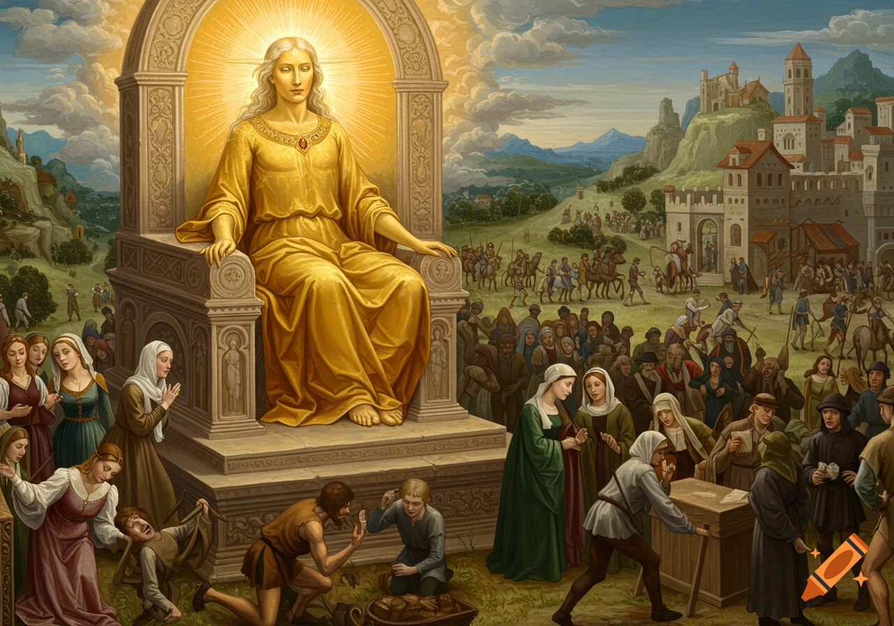 Classical painting of a golden figure on a throne attended by a crowd in a medieval landscape with a castle.