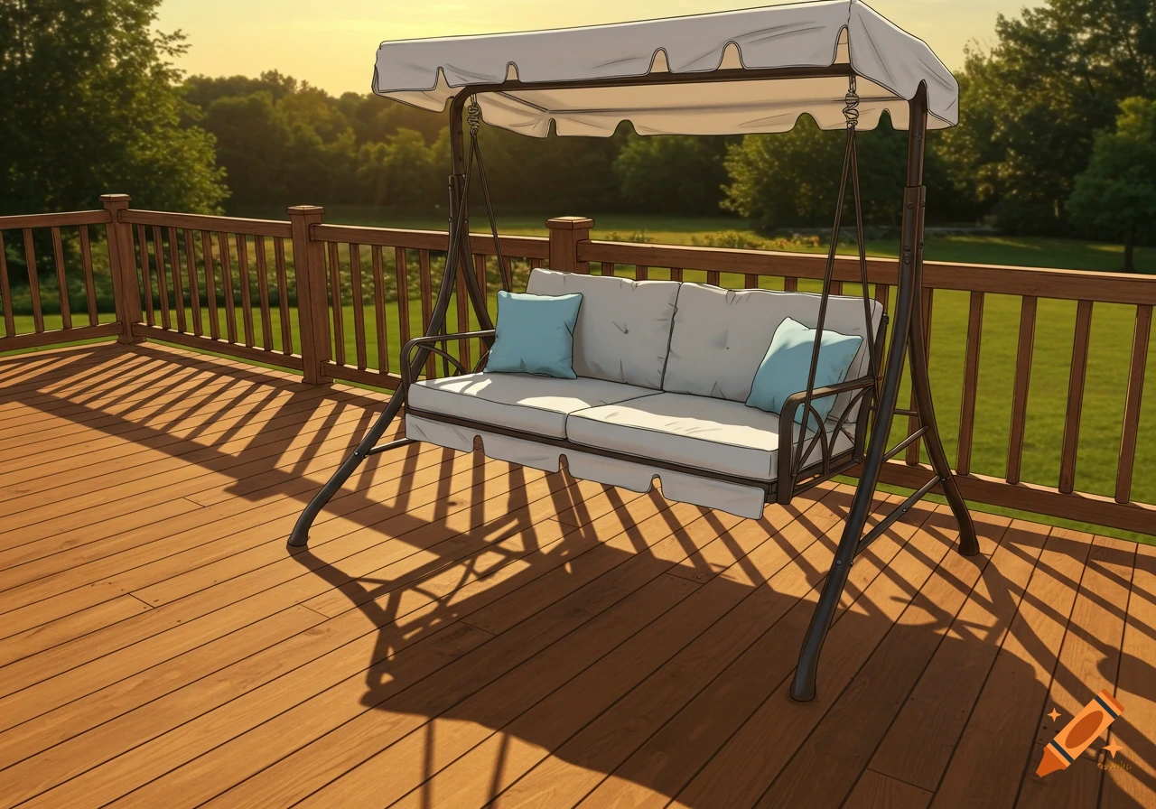 A daybed swing on a wooden deck at sunset.