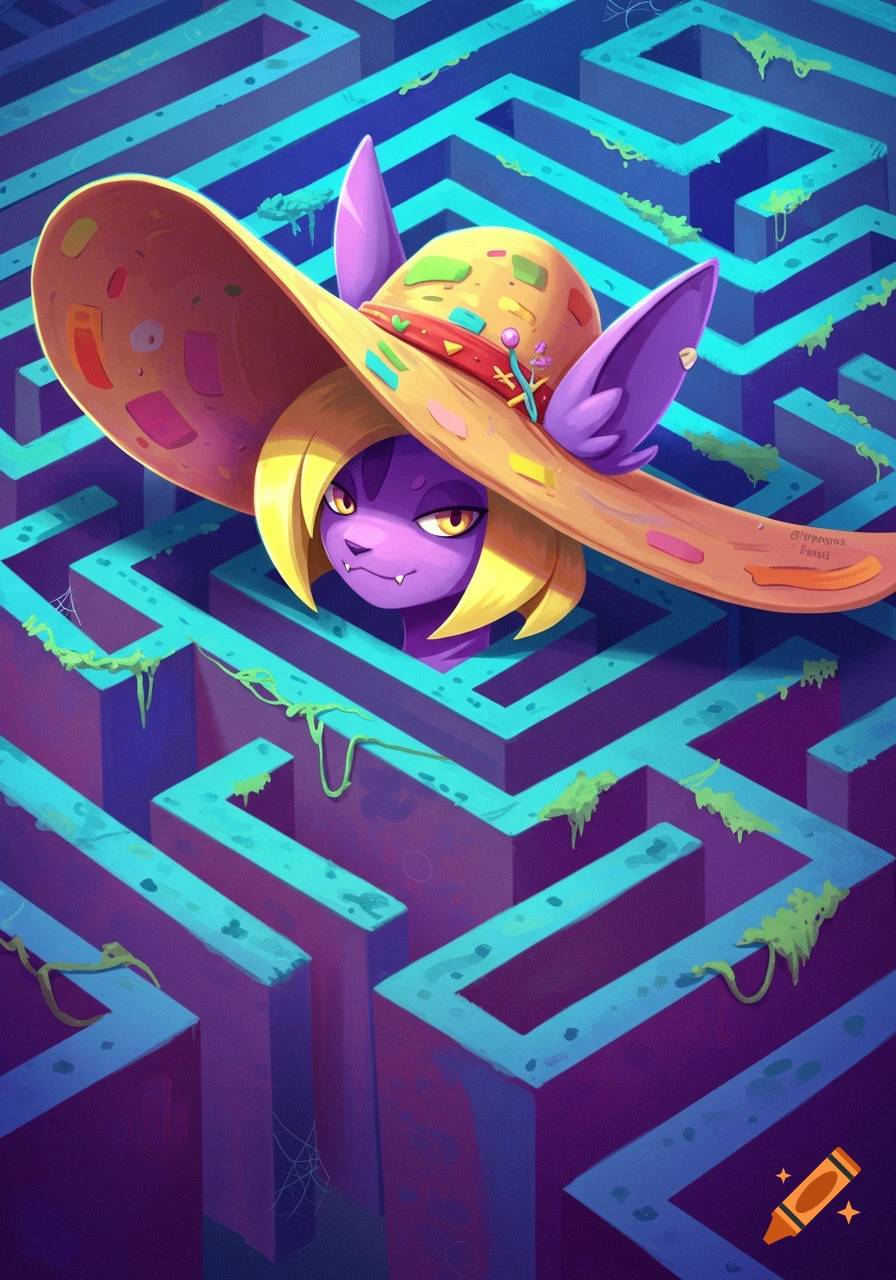 A purple creature with a large straw hat peeks out of a vibrant purple and teal maze. Stylized illustration.