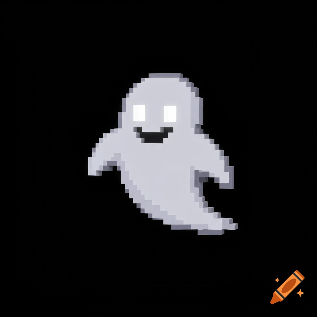 A pixelated white ghost with glowing eyes floats on a black background.