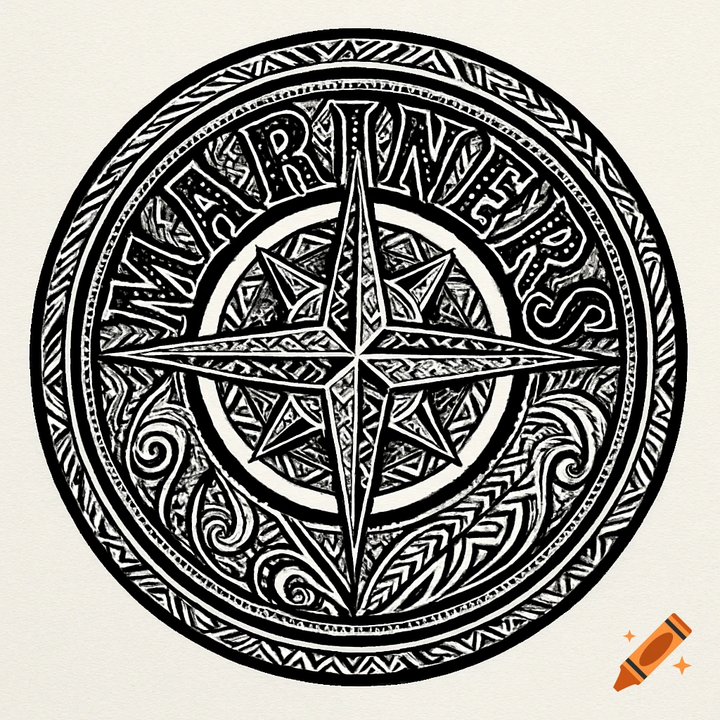 Black and white tribal art logo featuring a star compass shape surrounded by patterns and the word MARINERS.