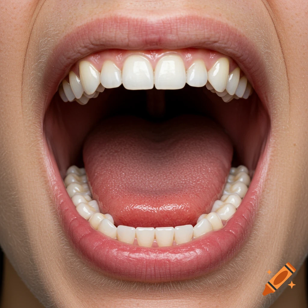 Close-up of a human mouth wide open showing teeth and tongue