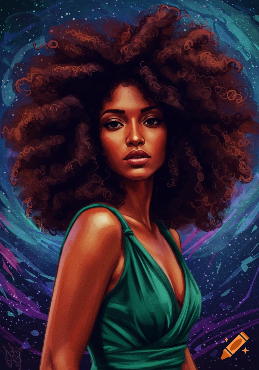 Digital painting of a woman with large curly hair and a green dress against a cosmic background.