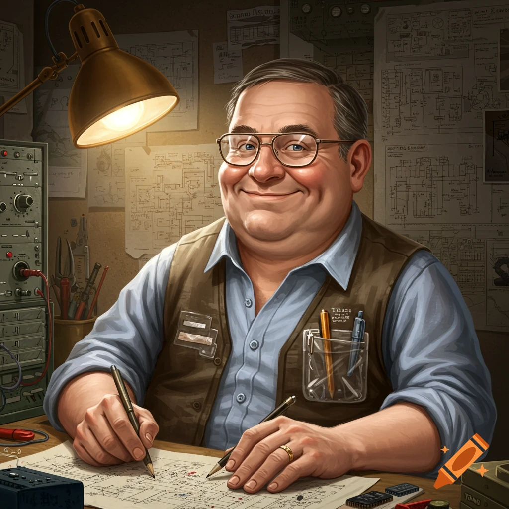 An overweight electrical engineer in a vest and glasses, working at a desk with diagrams and electronics.
