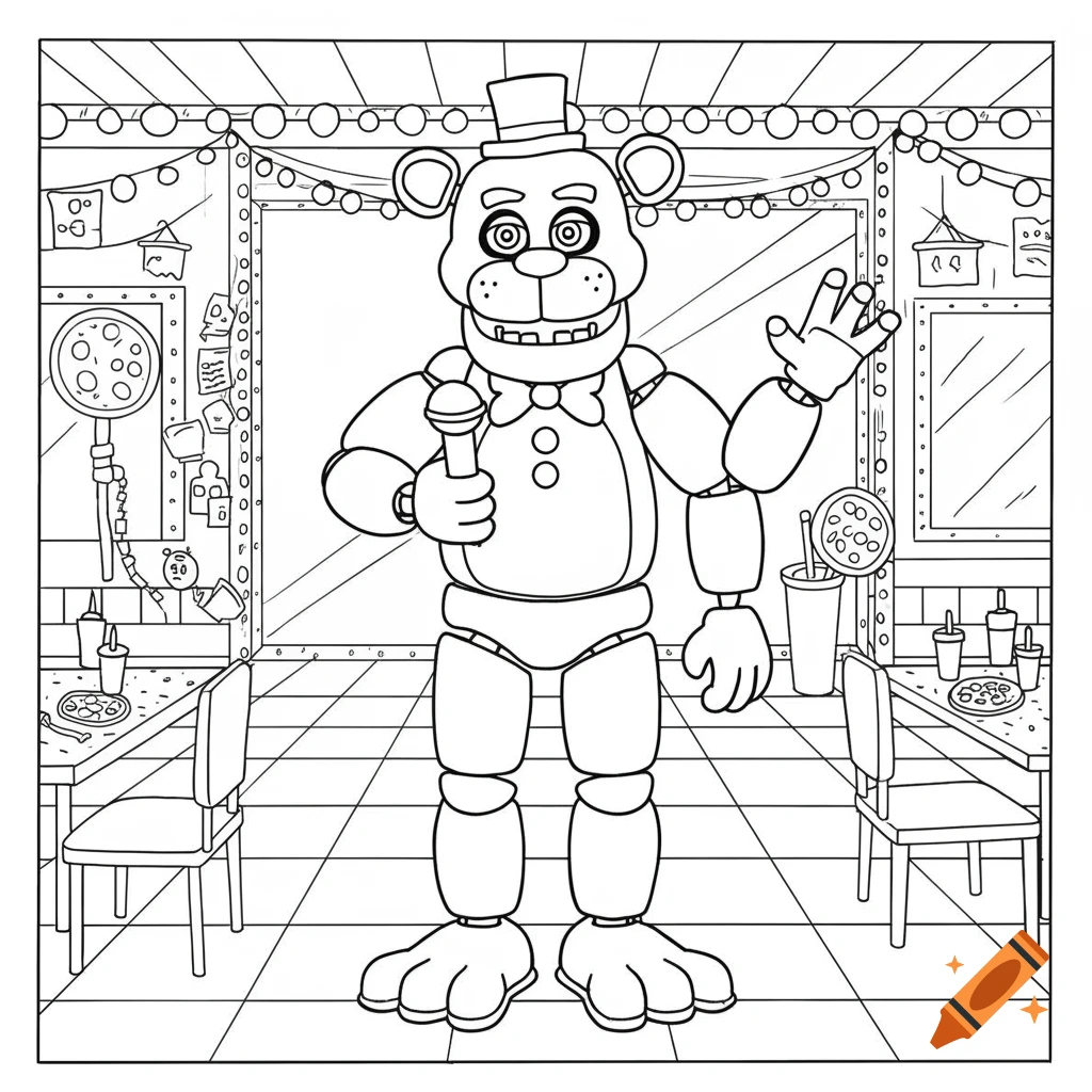 A coloring page of Freddy Fazbear standing in a pizzeria.