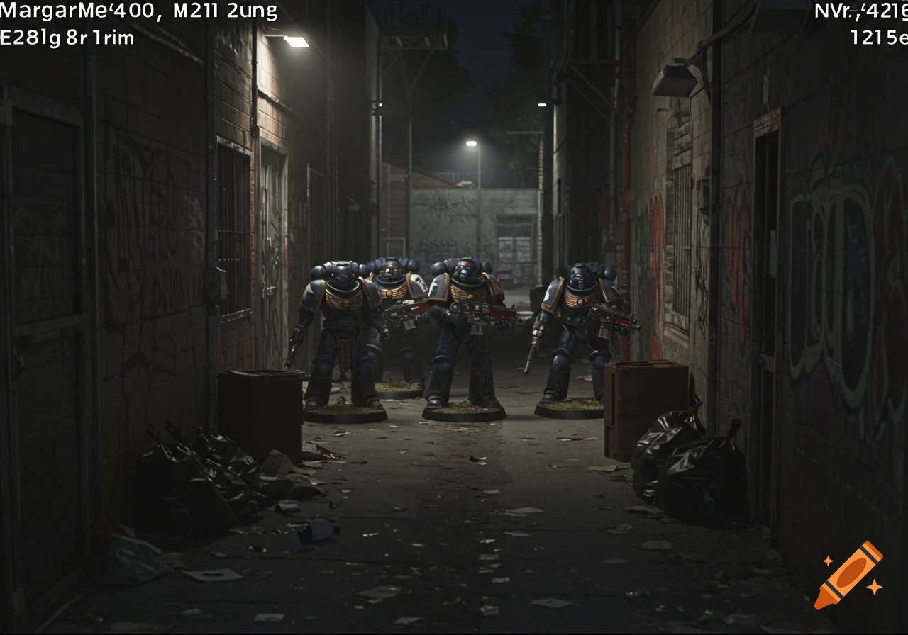 Four Warhammer 40k Space Marine miniatures stand in a dark alleyway, resembling CCTV footage.