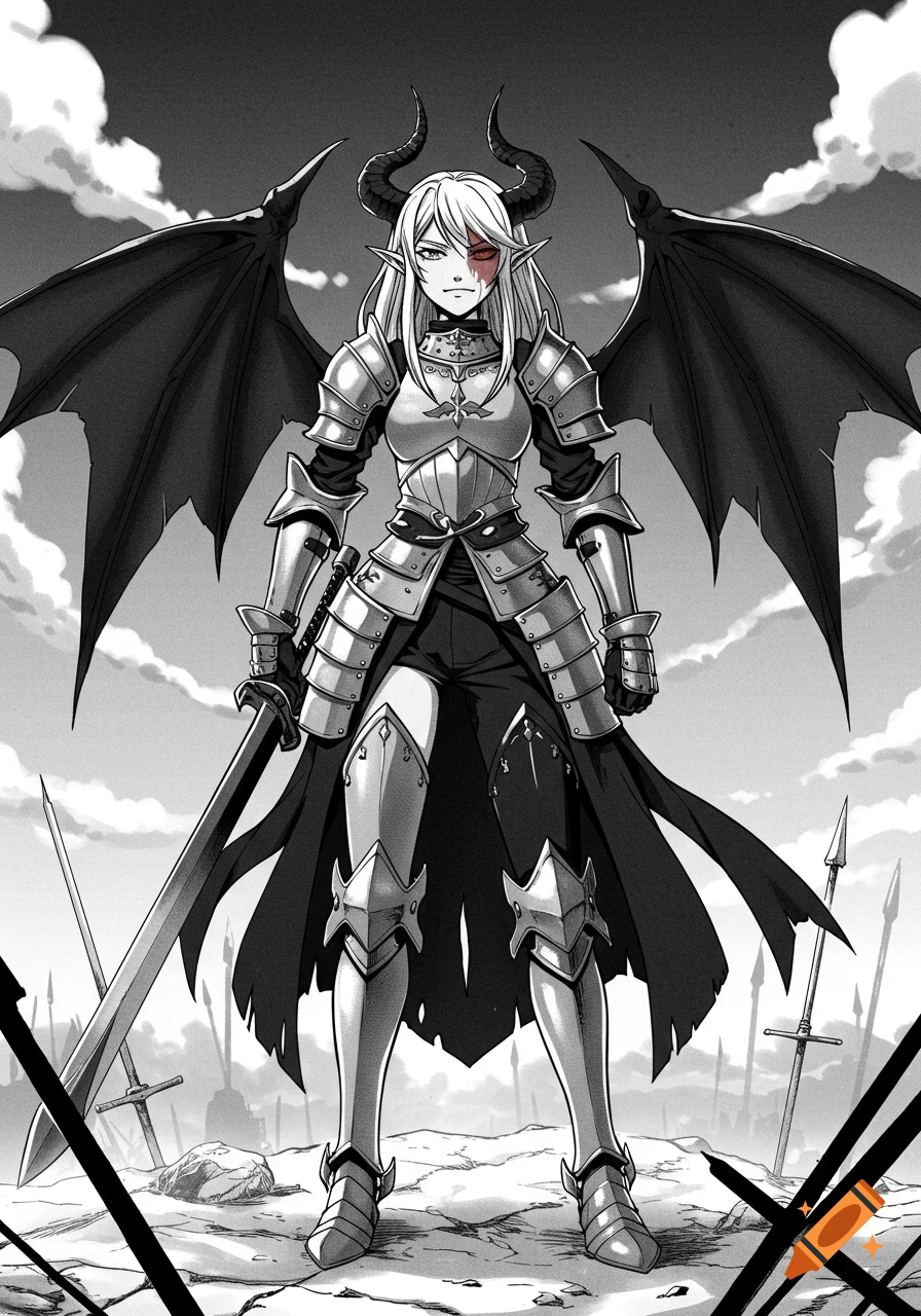 A black and white manga drawing of a demon woman in full armor with wings and a sword standing on a battlefield.