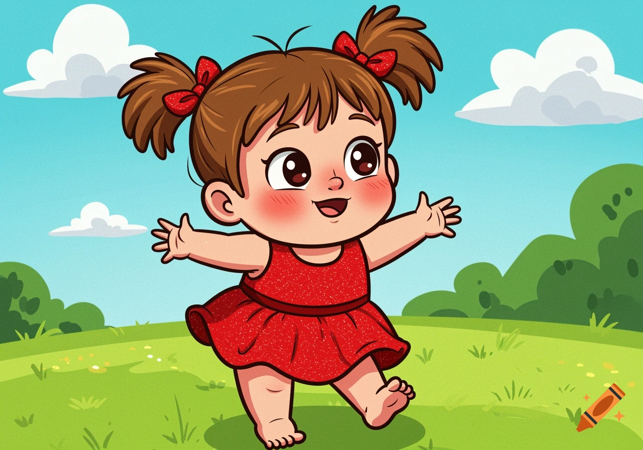 Cartoon drawing of a toddler girl in a red glittery dress in a grassy park.