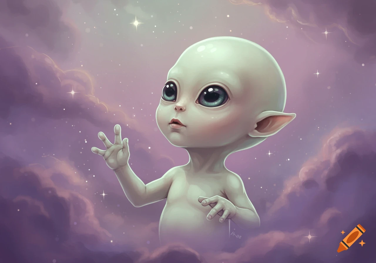 Cute baby alien with large eyes reaching out among purple clouds and stars, digital art