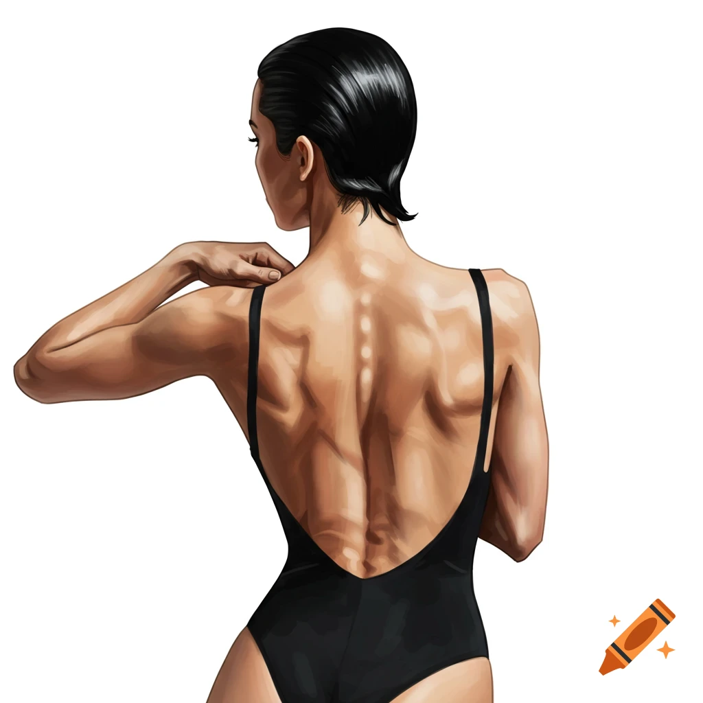 Illustration of a woman's muscular back as she wears a black swimsuit.