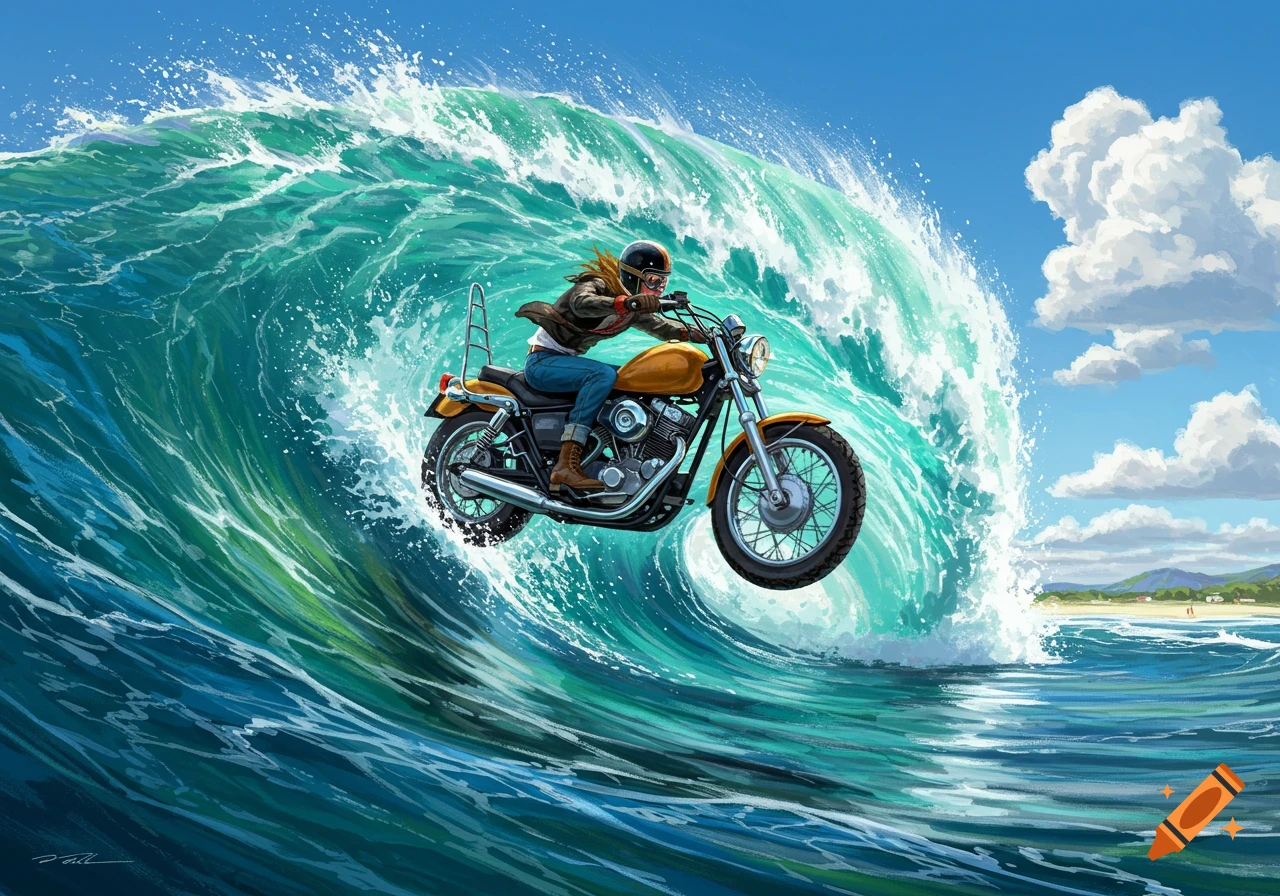 Illustration of a motorcyclist riding a yellow motorcycle on a large ocean wave.